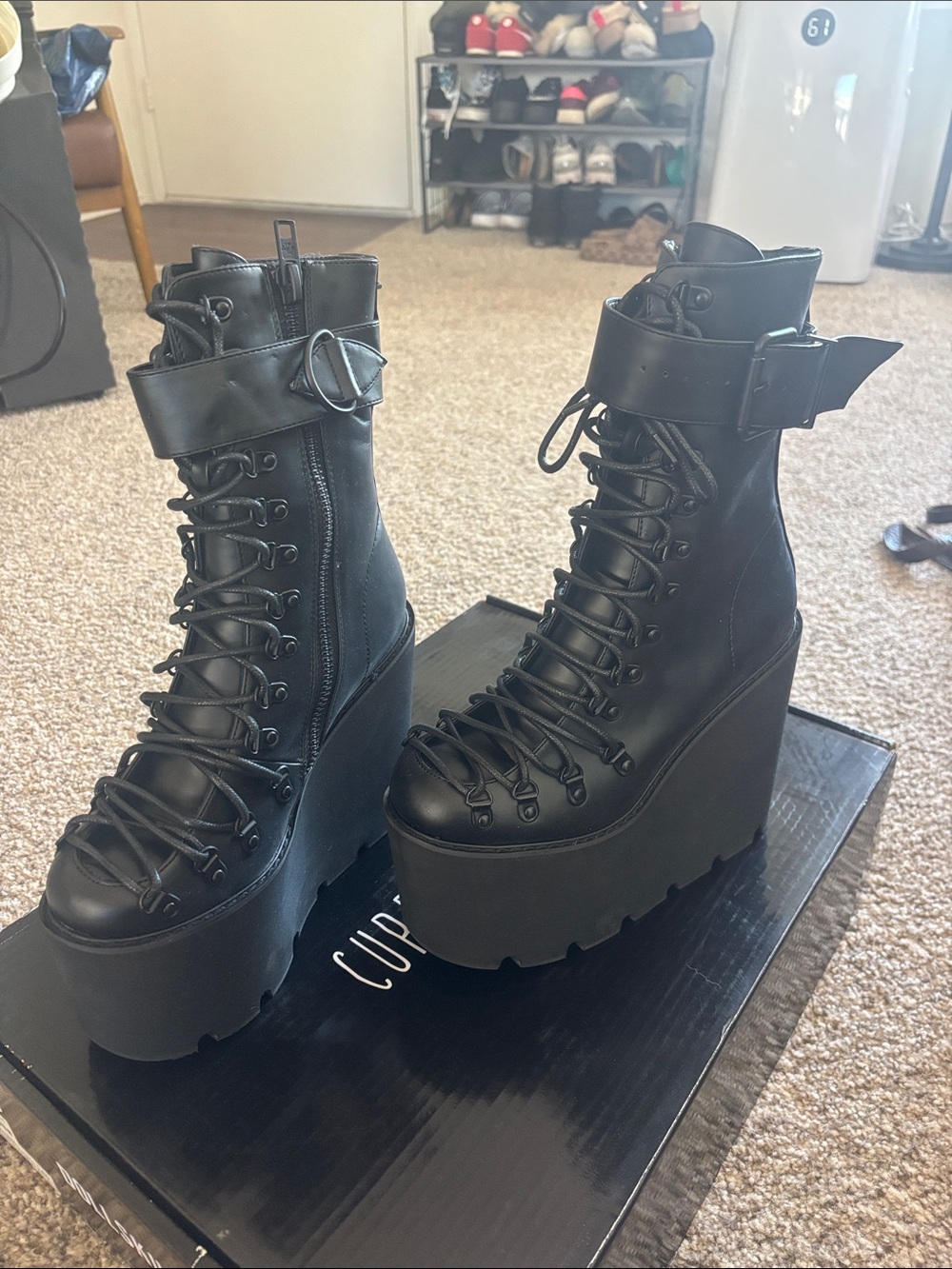 Black Platform Lace-Up Ankle Boots with Buckle Strap